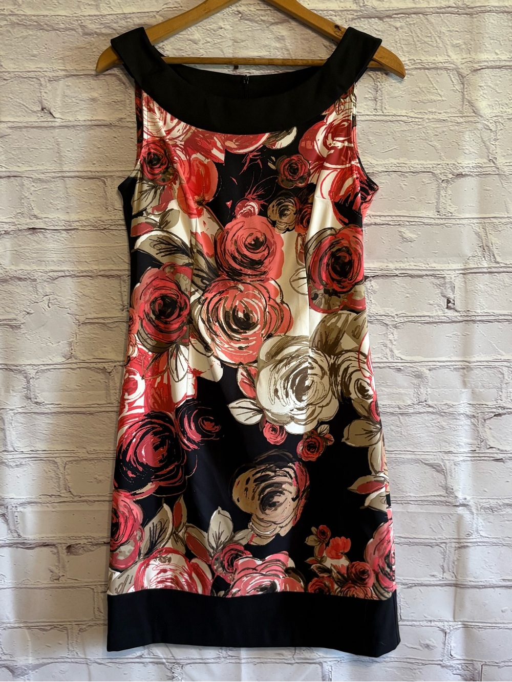 Connected Apparel Black Floral Sheath Dress with Coral Pink and Cream Roses